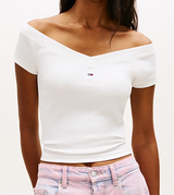 T-shirt slim fit a coste con spalle scoperte