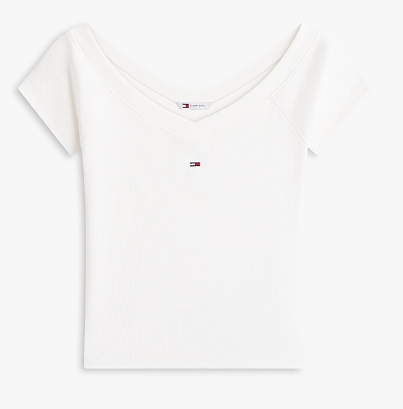T-shirt slim fit a coste con spalle scoperte