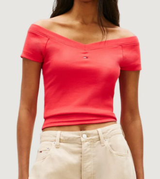 T-shirt slim fit a coste con spalle scoperte