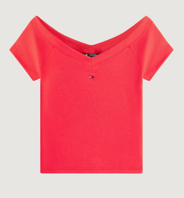 T-shirt slim fit a coste con spalle scoperte