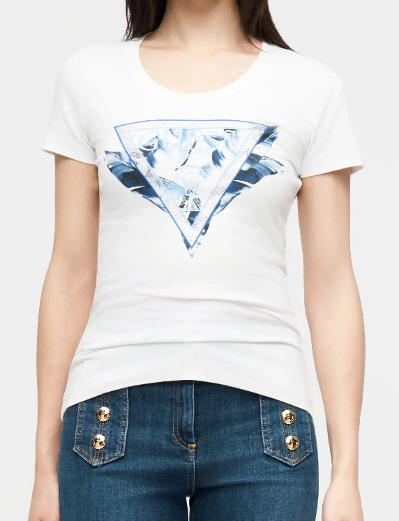T-shirt Guess Slim in Cotone con Logo Flowers e Borchie