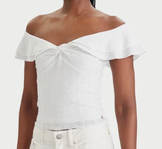 Top Guess Bianco Scollo Barca Sangallo e Volant Elegante