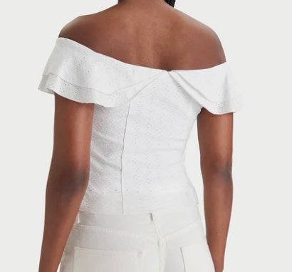 Top Guess Bianco Scollo Barca Sangallo e Volant Elegante