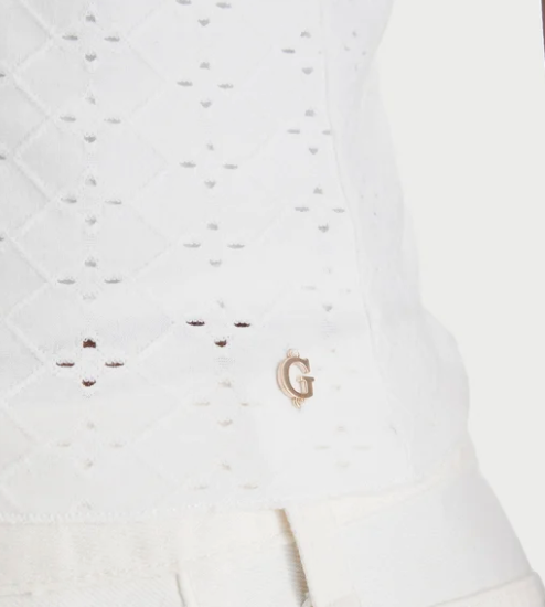Top Guess Bianco Scollo Barca Sangallo e Volant Elegante